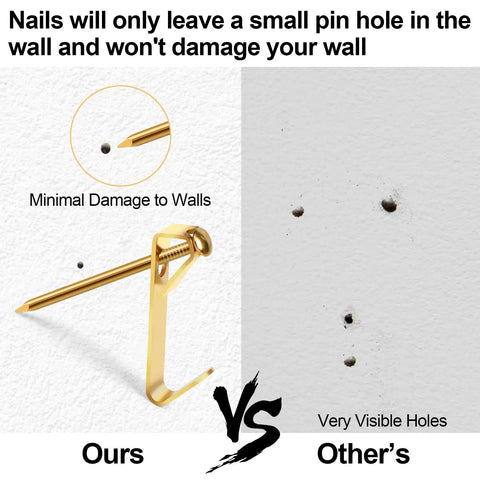 Comparison of 184 Piece Picture Hanging Kit With Gold Finish Hooks And Nails, showing minimal wall damage vs visible holes.