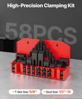 Bulletproof 58 Piece 5/8 Inch T Slot Clamping Kit With 1/2 By 13 Threads For Milling Machine And Drill Press Tables heavy duty steel.