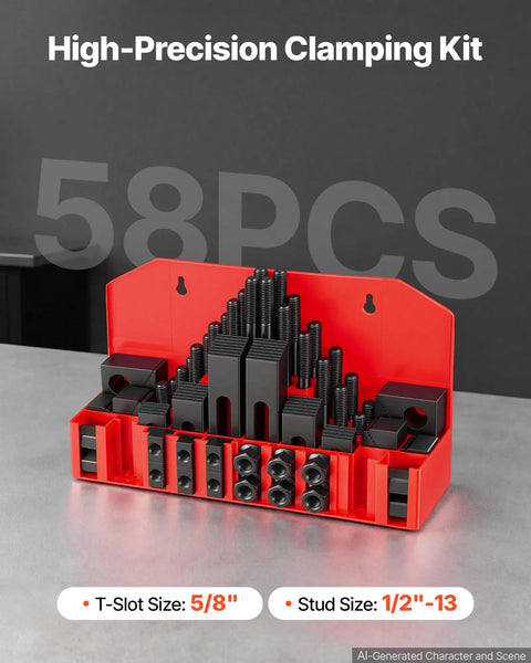 Bulletproof 58 Piece 5/8 Inch T Slot Clamping Kit With 1/2 By 13 Threads For Milling Machine And Drill Press Tables heavy duty steel.