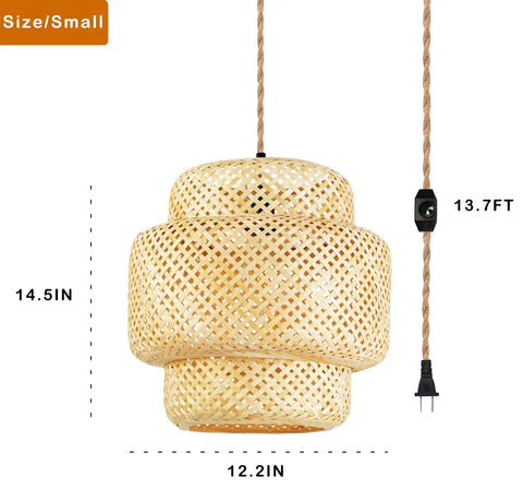 Rattan Plug In Pendant Light With Dimmable Cord Handwoven Boho Bamboo Wicker Basket Shade, 14.5in high, 12.2in wide