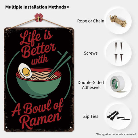 Life Is Better With Ramen Bowl Vintage Metal Sign Tin Wall Art Poster for Home Kitchen Office Garage Decor 8x12 Inch