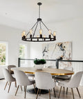 31.5 Inch Wagon Wheel Chandelier With 12 Lights Black Industrial Rustic Farmhouse Ceiling Fixture for dining room with table