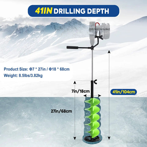7 Inch Nylon Ice Drill Auger With 41 Inch Length And 19.6 Inch Extension Rod, Lightweight 3.9 Lb Ice Fishing Auger for ice drilling depth visual.