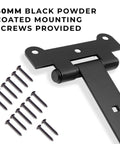 24 Inch Black T Strap Gate Hinges Set with 14 Black Powder Coated Mounting Screws, 4mm Thick Iron, Close-up View