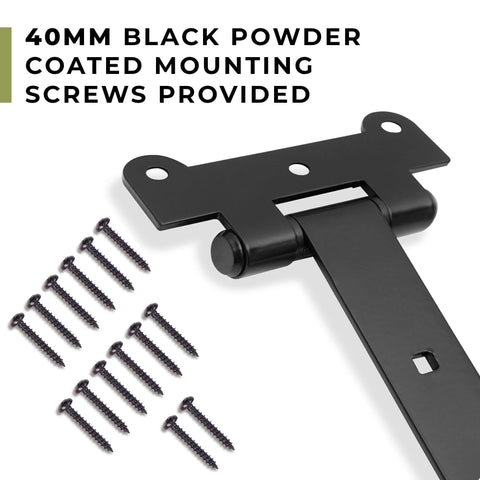24 Inch Black T Strap Gate Hinges Set with 14 Black Powder Coated Mounting Screws, 4mm Thick Iron, Close-up View