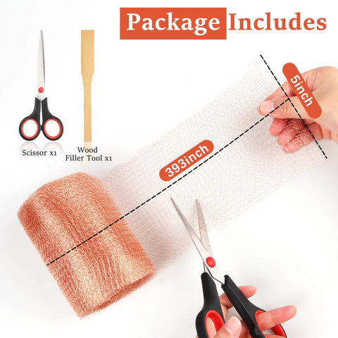 Package includes copper mesh roll 393 inches by 5 inches with scissors and wood filler tool. Copper Mesh Rodent Control Roll 5 Inch By 35 Feet Copper Wire Screen For Mice And Rats Bat And Snail Barrier DIY Blocker For Weep Holes Filler And Wool Mouse Trap.