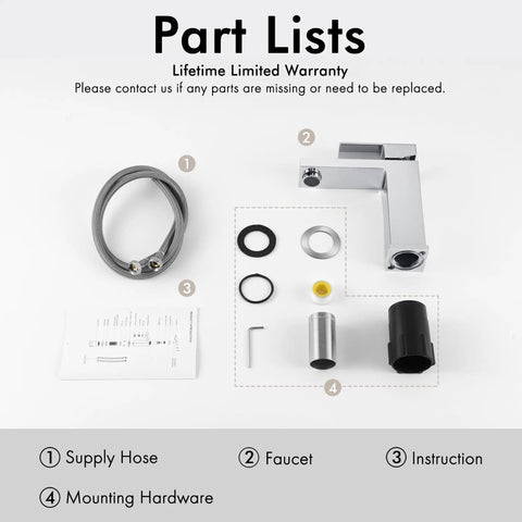 Parts list for Chrome Single Hole Bathroom Sink Faucet With One Handle, including faucet, supply hose, instructions, and hardware.