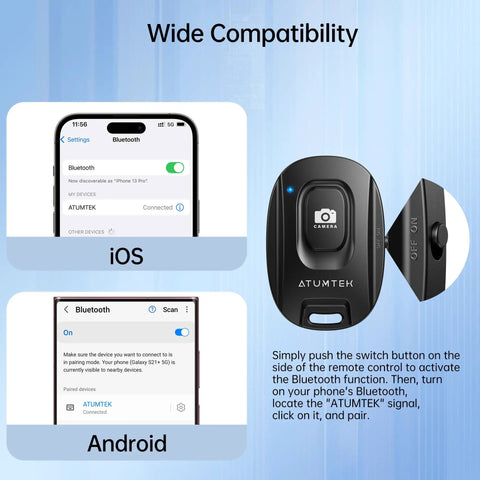 Wireless Camera Remote Shutter For iPhone And Android Two Pack With Wrist Strap, Bluetooth 5.2 wide compatibility display