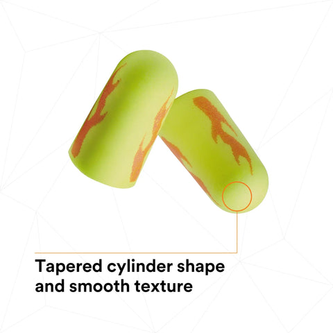 Neon Yellow E A Rsoft Foam Ear Plugs 200 Pairs Box NRR 33 shown with tapered cylinder shape and smooth texture