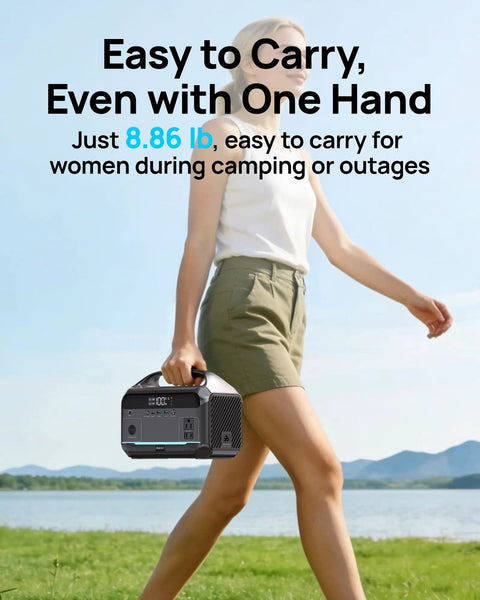 Woman carrying High Capacity Portable Power Station With 1200W Surge And 288Wh LiFePO4 Battery Solar Generator outdoors