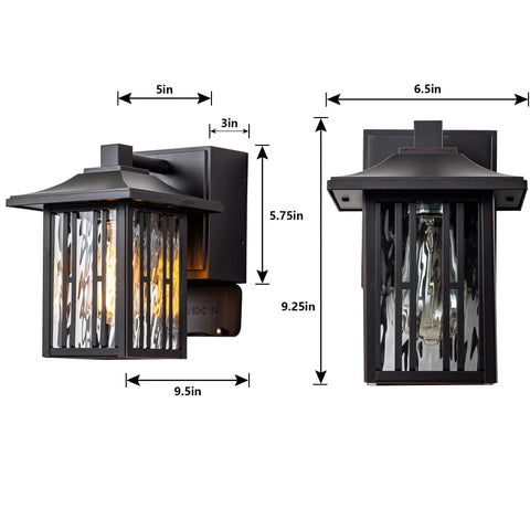 Outdoor Porch Lights With GFCI Outlet Dual Outlets Water Ripple Glass Bronze Exterior Wall Mount Sconce Waterproof Patio Light For Garage 2 Pack Set Bundle with dimensions