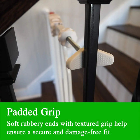 Close-up of Extra Long Banister Adapter Y Spindle Rods 8mm for Stair Gates with no-slip grip padding on stair railing.