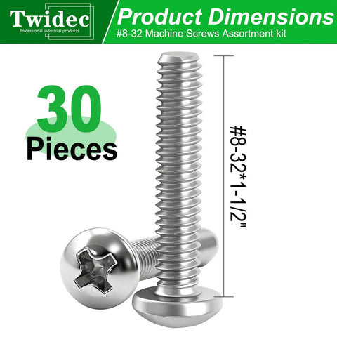 Tough As Nails Thirty Piece 304 Stainless Steel Machine Screws Size 8 32 One Point Five Inch Phillips Pan Head fasteners on display.