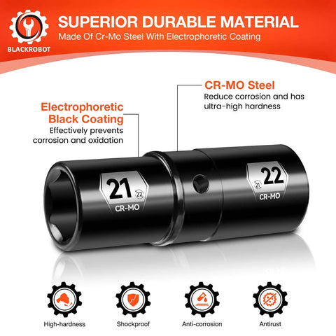 Dual End Flip 21mm 22mm Impact Lug Nut Socket Set For One Half Inch Drive Thin Wall Chromium Molybdenum Steel 6 Point Electroplated Finish Beefy Heavy Duty Pro Grade Auto Repair Tool.