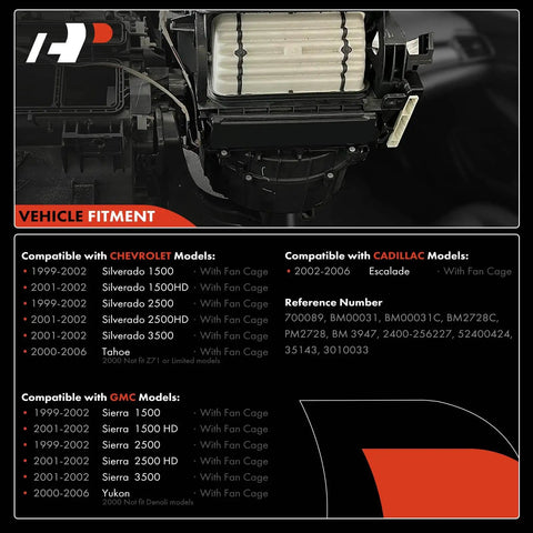 HVAC A C Blower Motor With Fan Cage Replacement For Chevy GMC Cadillac Trucks vehicle fitment list