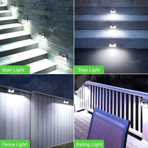 Eight Pack Solar Outdoor Lights With Motion Sensor, 3 Lighting Modes, Waterproof Exterior Lights for walls, stairs, fences, and railings.
