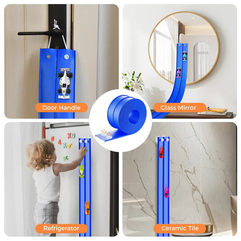 Totally 15 Ft Flexible Race Track Set For Kids 3 Plus With 8 Cars And 4 Suction Cups on surfaces like door handle, mirror