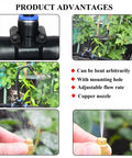 Drip Irrigation Kit With Quick Connector showing nozzles and tubing in garden, highlighting adjustable flow, 360° droppers and tee fittings.