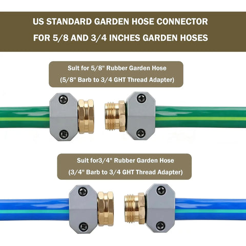 Rock Solid Garden Hose Repair Kit For 5/8 And 3/4 Inch Ends With Heavy Duty Aluminum Fittings And Zinc Clamps To Fix Leaks Fast On Taps Sprinklers And Outdoor Water Connections Like A Pro Now, hose connectors shown
