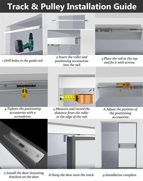 Installation guide for Dual Soft Close Barn Door Hardware Kit With 14.1Ft Sliding Track System, Wheels And Screws, Black Interior Closet Door Hardware.