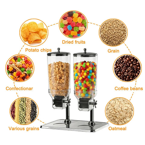Top Shelf Stainless Steel Cereal Dispenser With Smooth Glide Dual Pump Airtight Dry Food Storage Tub For Coffee Beans Nuts And Bulk Munchies 16 Liter Commercial Grade Pantry Stocking Rack In Glossy Silver holding cereal and candies