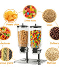 Top Shelf Countertop Cereal Dispenser With Dual 16 Liter Chutes For Nuts Snacks And Dry Grains Heavy Duty Commercial Storage Bin displaying various cereals and snacks.