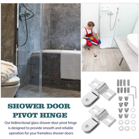 Built Tough Pivot Hinges For Frameless Glass Shower Doors With Upper And Lower Clamp Alloy Construction shown in bathroom setting