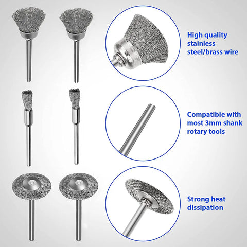 Top Shelf 99 Piece Stainless Steel Wire Brush Kit For Rotary Tools With 3Mm Shank showing various wire brush shapes and sizes.