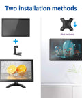 Sweet 10.1 Inch Rimless IPS Monitor With 1280x800 Display and Built In Speaker, showing desk and wall mount setup options