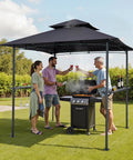 Grill Gazebo 8x5 Ft Outdoor BBQ Shelter With Double Tier Roof And Powder Coated Steel Frame Includes 2 Side Shelves And 8 Hooks