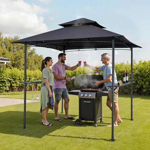 Grill Gazebo 8x5 Ft Outdoor BBQ Shelter With Double Tier Roof And Powder Coated Steel Frame Includes 2 Side Shelves And 8 Hooks
