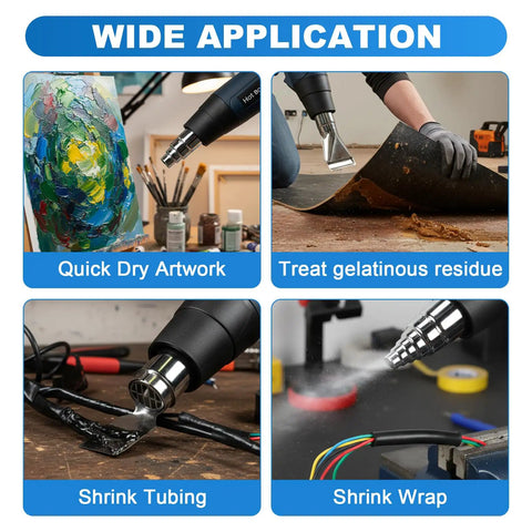 Powerful 1800W Heat Gun For Crafting With Adjustable 122F To 1202F Temperature showcased in various applications like drying and shrink wrapping.