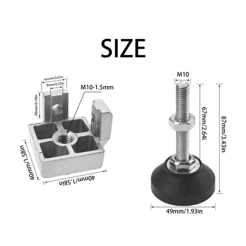 Size diagram of the 4 Sets Of 4040 Aluminum Profile Adjustable Feet For T Slot 8mm Leveling Legs with dimensions and nylon base.