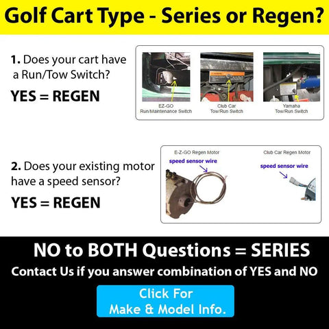 Image showing golf cart type decision guide for Series or Regen motors with Run/Tow Switch examples.