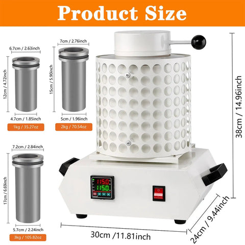 Beginner Friendly 1150C Electric Metal Melting Furnace Kit, LED display, graphite crucible, tongs, product size dimensions visible