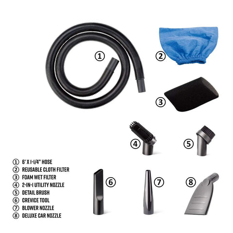 Compact 2.5 Gallon Wet Dry Shop Vacuum accessories including hose, filters, crevice tool, and nozzles for car garage and shop.