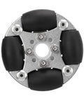 Omni-directional wheel module, close-up, 48mm, aluminum alloy with four black rollers and central mounting hub