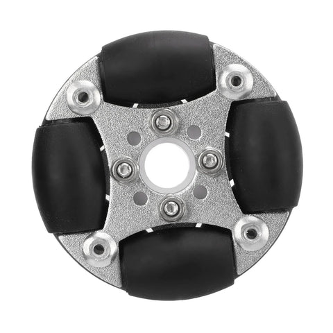 Omni-directional wheel module, close-up, 48mm, aluminum alloy with four black rollers and central mounting hub