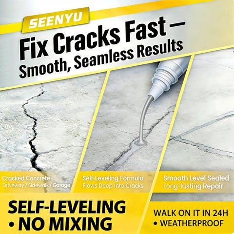 Diagram showing Self Leveling Concrete Crack Filler Sealant for Fast Drying DIY Crack Repair with application process and results.