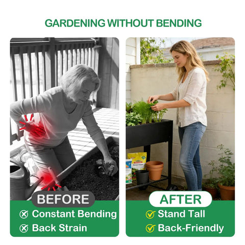 Comparison of gardening with bending and using Tall Raised Garden Bed On Wheels With Extra Wide 37.4 Inch By 15.7 Inch Planting Box