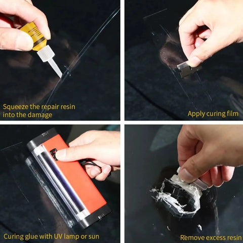 Steps using Windshield Crack Repair Kit for Chips and Cracks, 2025 Upgrade Glass Repair Liquid on a cracked windshield