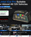iCar Pro Mini OBD2 Bluetooth Scanner for iOS and Android shown with supported vehicles images: car, SUV, light truck.