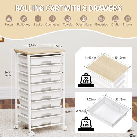 Rolling Cart With Eight Drawers Wooden Tabletop Storage Cart On Lockable Wheels for craft room, office, living room, classroom