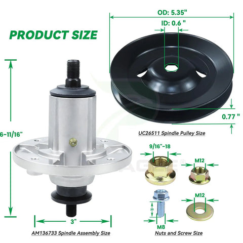 2 Pack Spindle Assembly With UC26511 Pulley Replacement For John Deere Z225 X300 X304 Lawn Tractors size and components