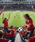 Crowd in stadium cheering, woman handing Soccer Ball Building Block Set For Adults And Teens 850 Pieces Black And White Ball Decor Model Kit to child.