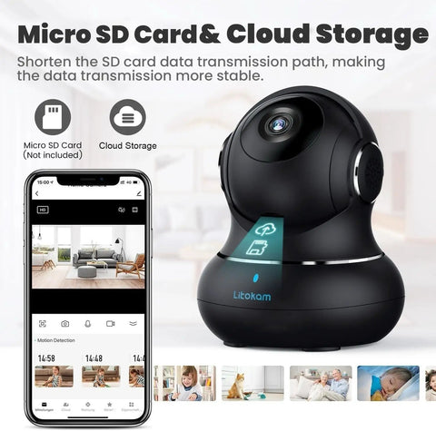 2K Indoor Security Camera With 360 Degree Pan Tilt Motion Alerts Pet Camera Baby Monitor Phone App Control Night Vision 2 4 GHz WiFi Only For Home Security shown with smartphone control app.