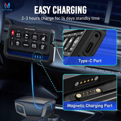 Eight-Gang Wireless Car Switch Panel for P1S-W with 328 Ft 433MHz Remote Range showing Type-C and magnetic charging ports