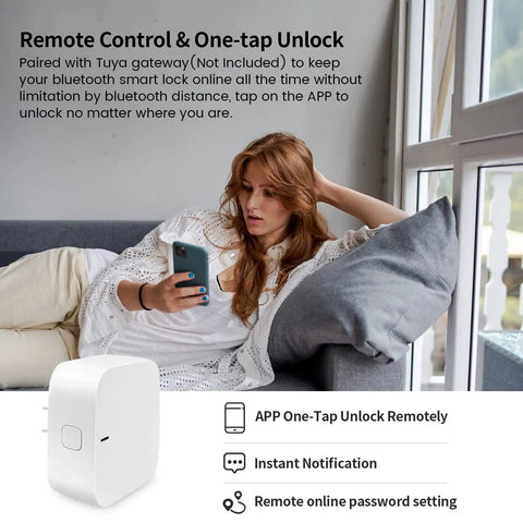 WiFi Gateway For Tuya Smart Door Locks Bluetooth Lock Remote Control Hub With Tuya SmartLife App next to woman using phone on sofa