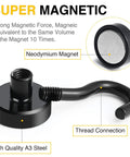 Magnetic Hooks Neodymium With Nickel Coating, 30 Lb Capacity, 10 Pack, Black; close-up view showing neodymium magnet and thread connection.