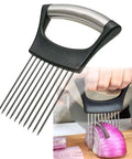 Boss Level Onion Holder And Slicer For Fast, Even Cuts, Non Slip Stainless Steel Tool That Doubles As A Meat Tenderizer prepping onion